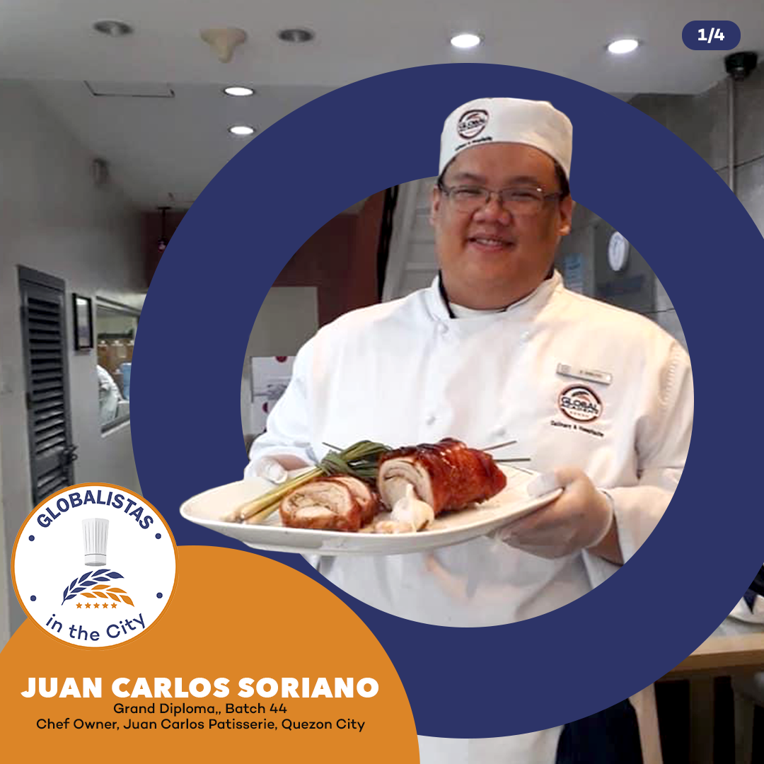 Chef in white uniform holding a plated seafood dish, framed by a blue circle with restaurant branding.