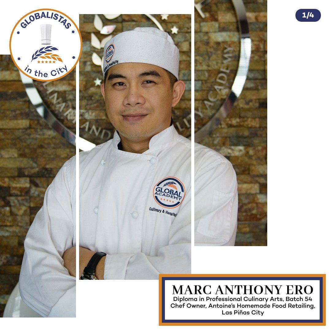 Chef in white uniform and hat, standing with arms crossed in front of a stone wall and restaurant logo.
