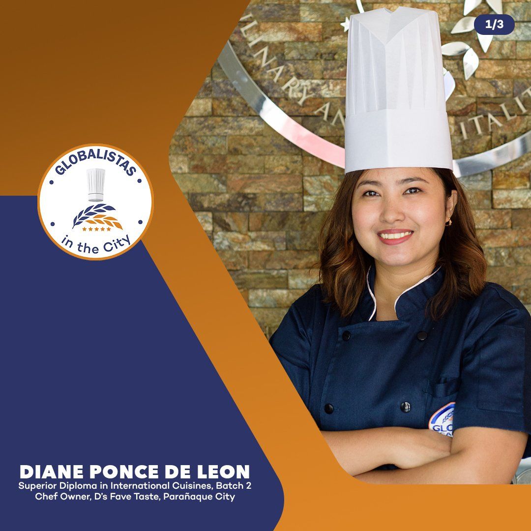 Chef in navy uniform smiling beside Global Bistro logo on blue and orange promotional graphic