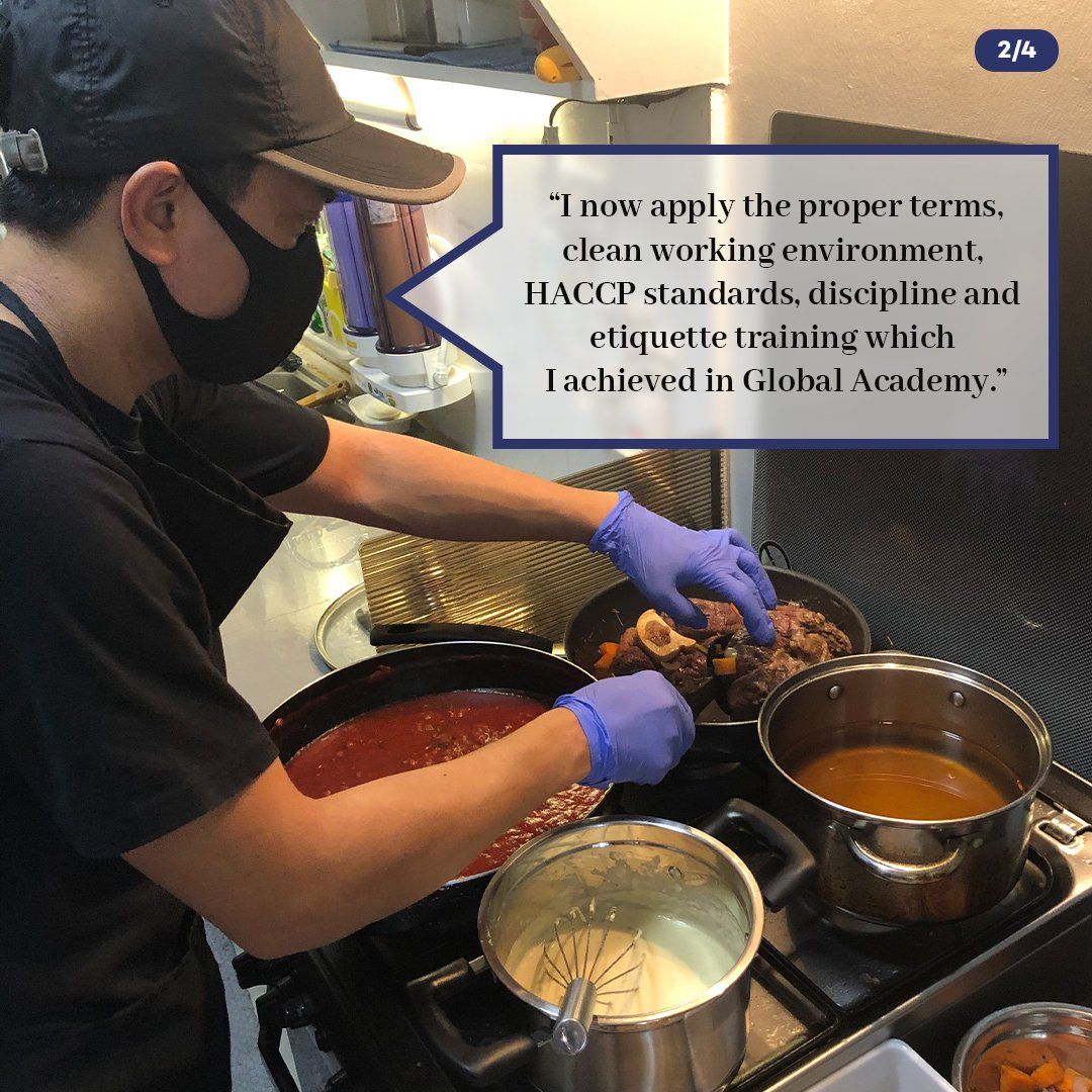 Chef stirring sauces at a stovetop in a kitchen, with a training quote overlaid.