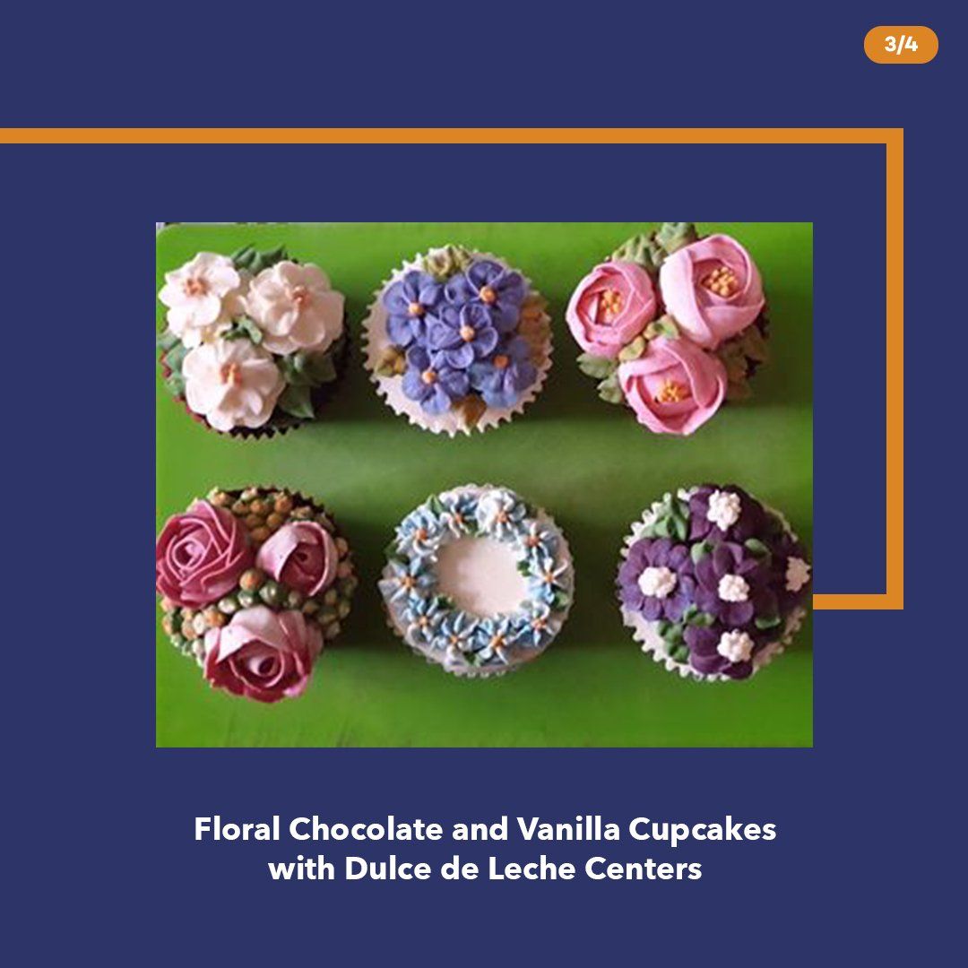 Floral chocolate and vanilla cupcakes with dulce de leche centers, topped with colorful buttercream flowers