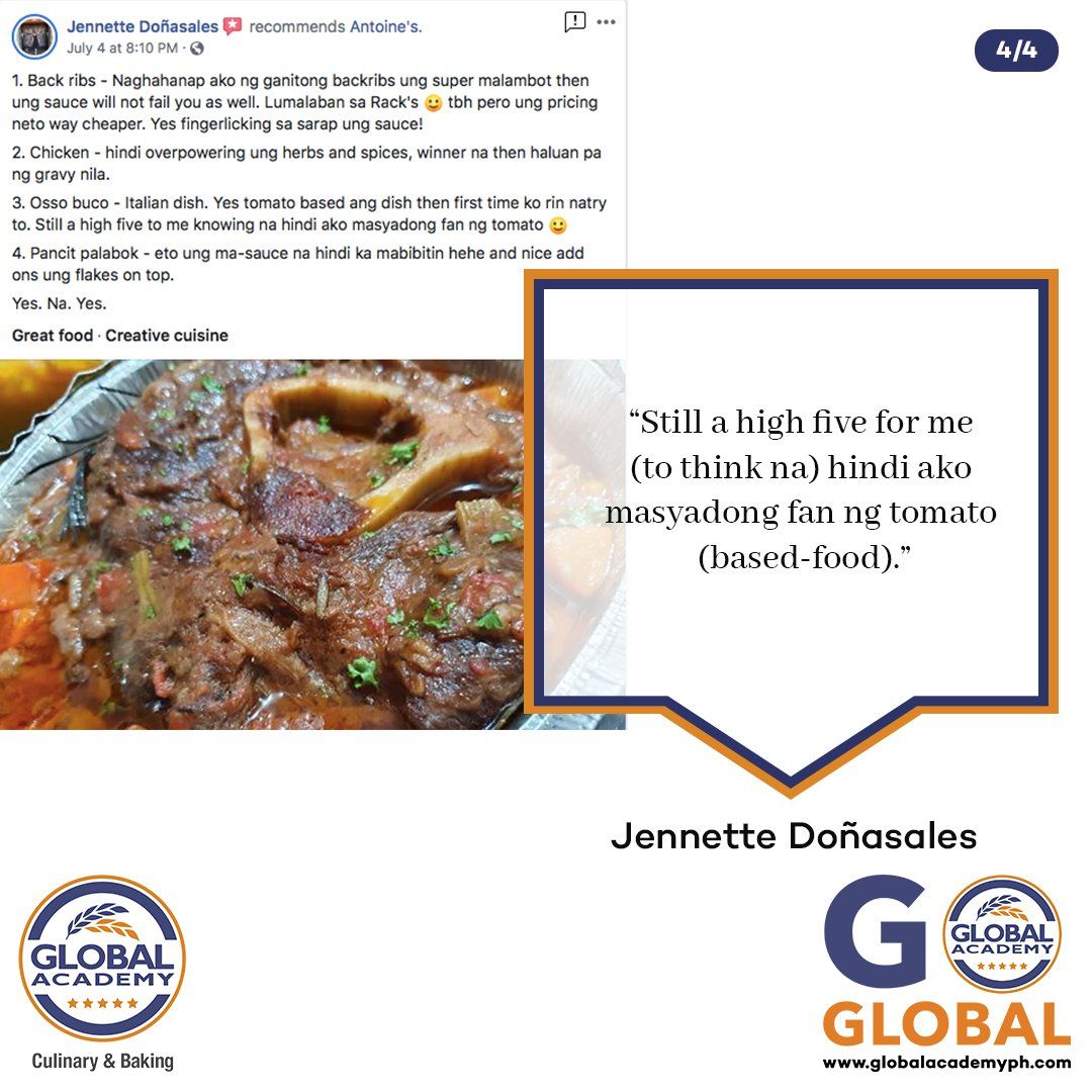 Food tray with stew and vegetables beside a speech bubble quote and Global branding logo.