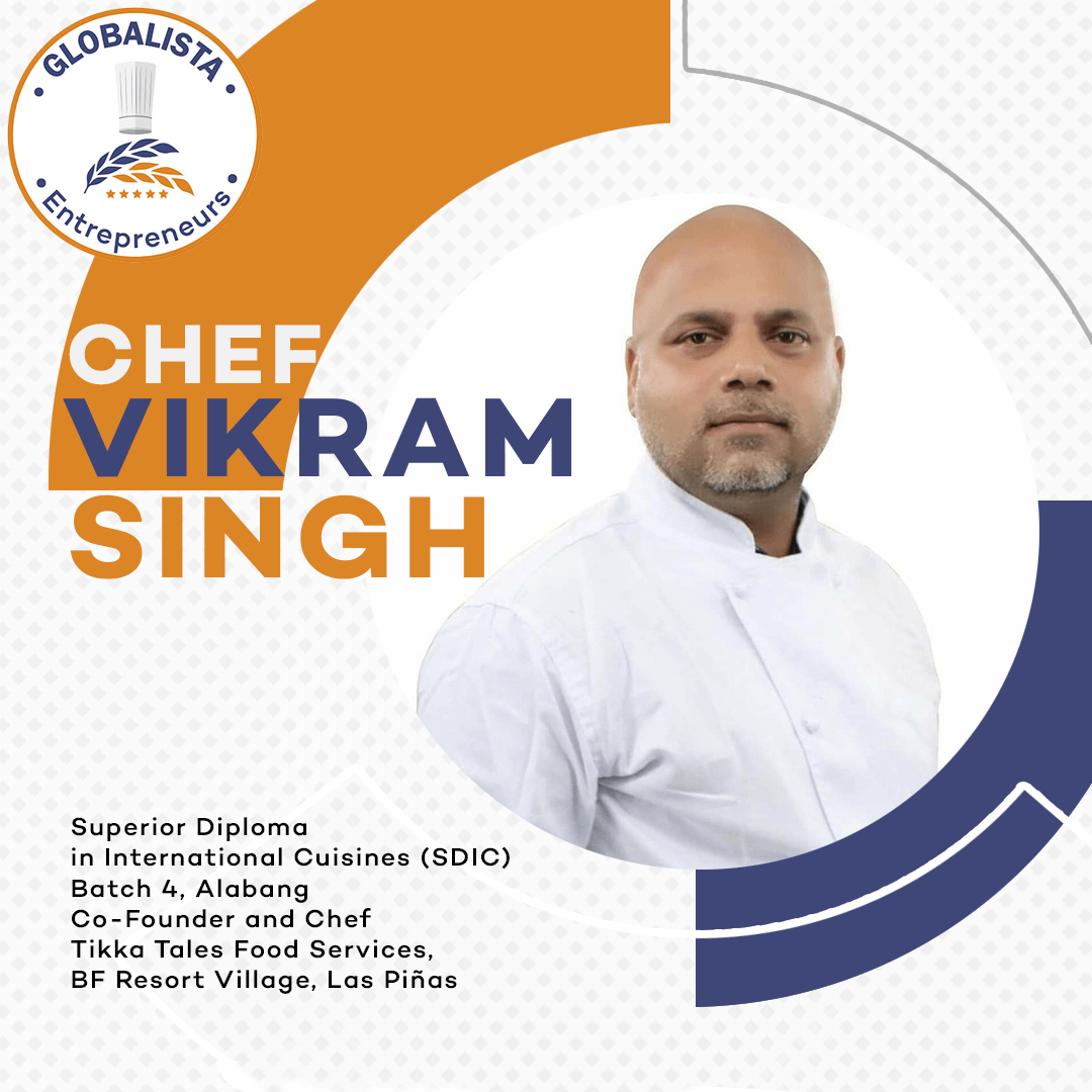 Chef Vikram Singh poster with white background, orange-blue accents, and portrait in chef coat