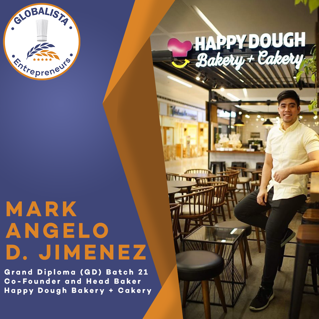 Mark Angelo D. Jimenez standing in Happy Dough Bakery + Bakery interior with logo and event text