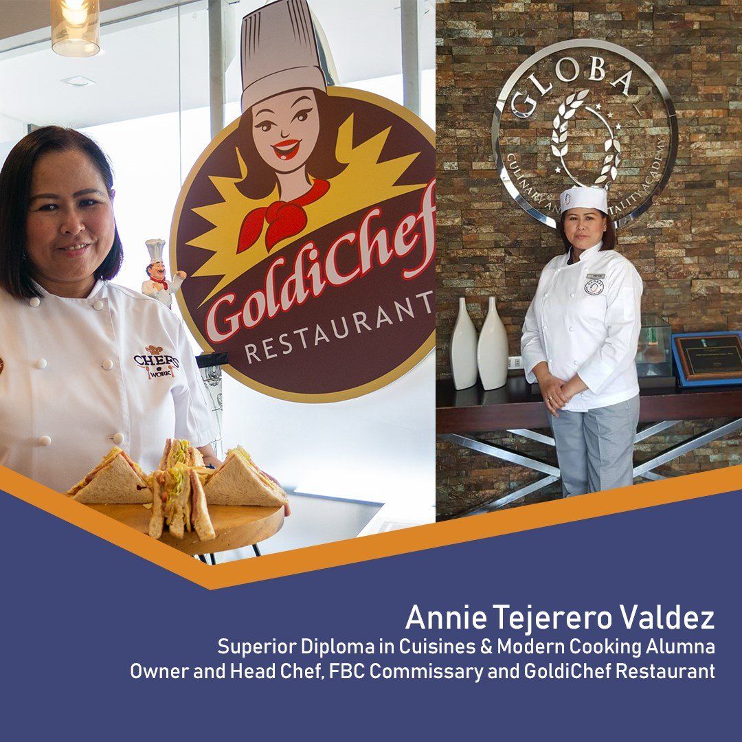 Chef Annie Tejerero Valdez at Golache Restaurant, posing with logo and desserts in a restaurant setting