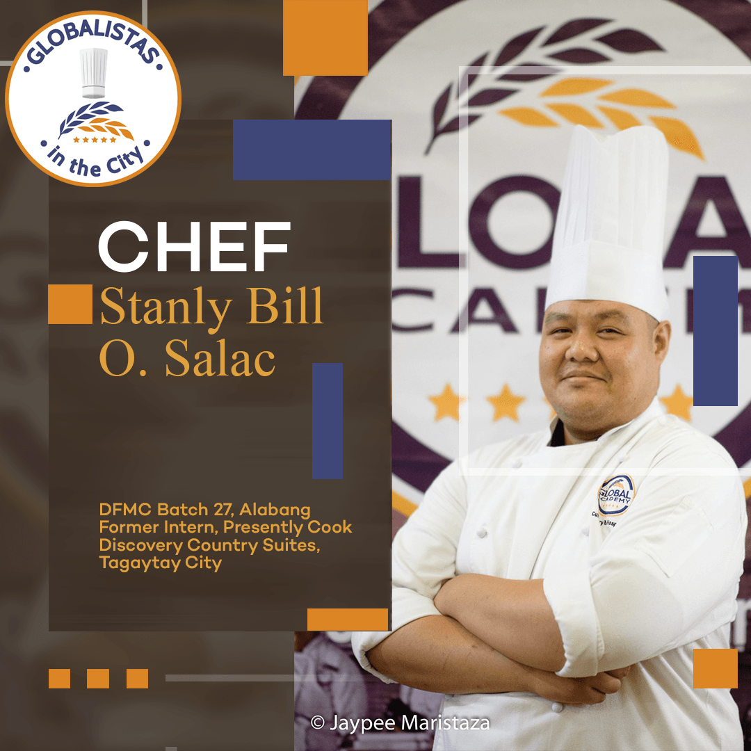 Chef Stanly Bill O. Salac in white chef coat and hat, arms crossed, with restaurant logo background
