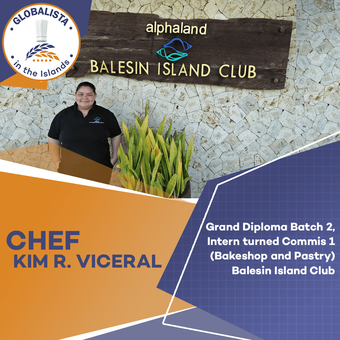 Chef Kim R. Viceral at Balesin Island Club, with event text for Grand Diploma Batch 2 internship