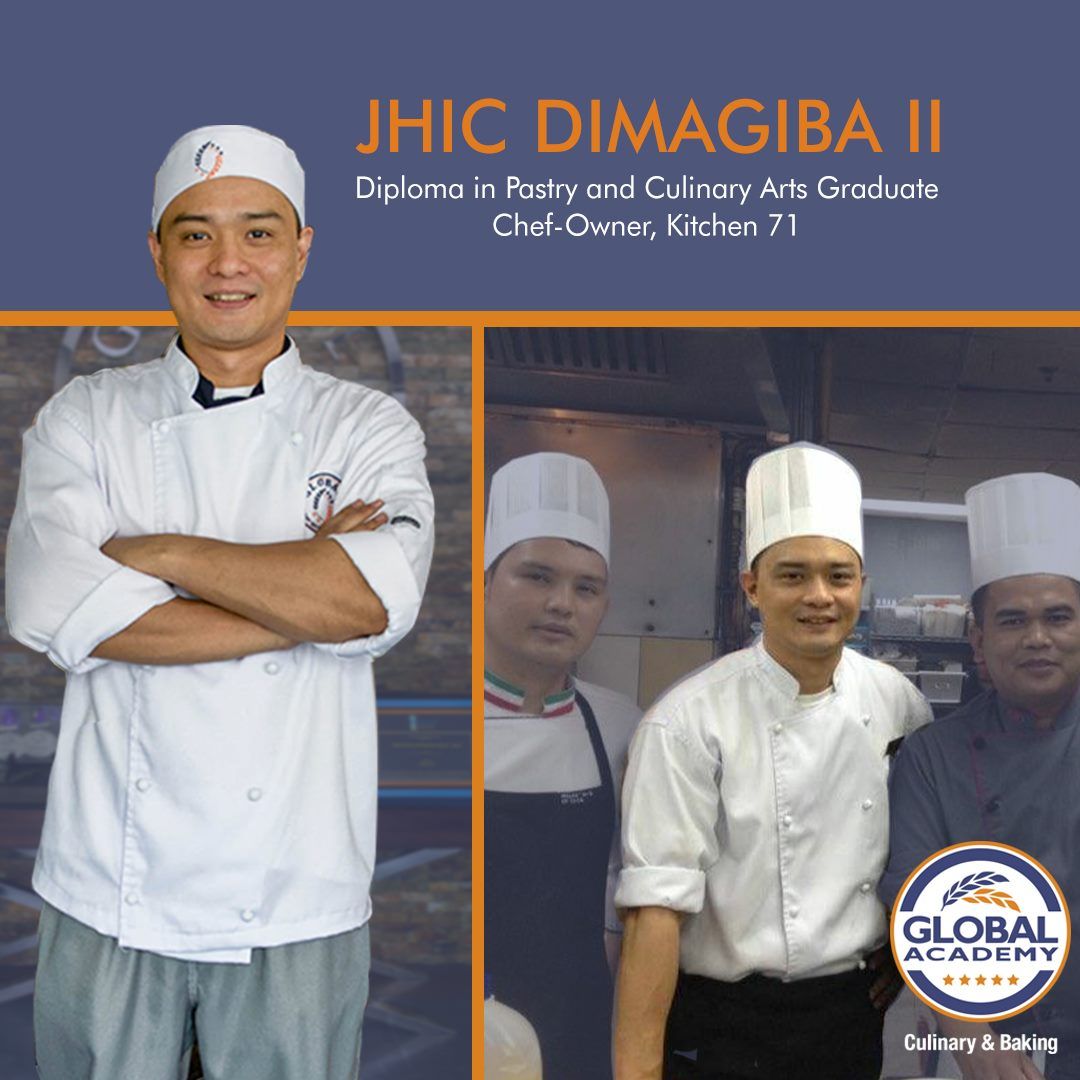 Chef in white uniform standing beside a collage of himself and fellow chefs, with restaurant branding text.