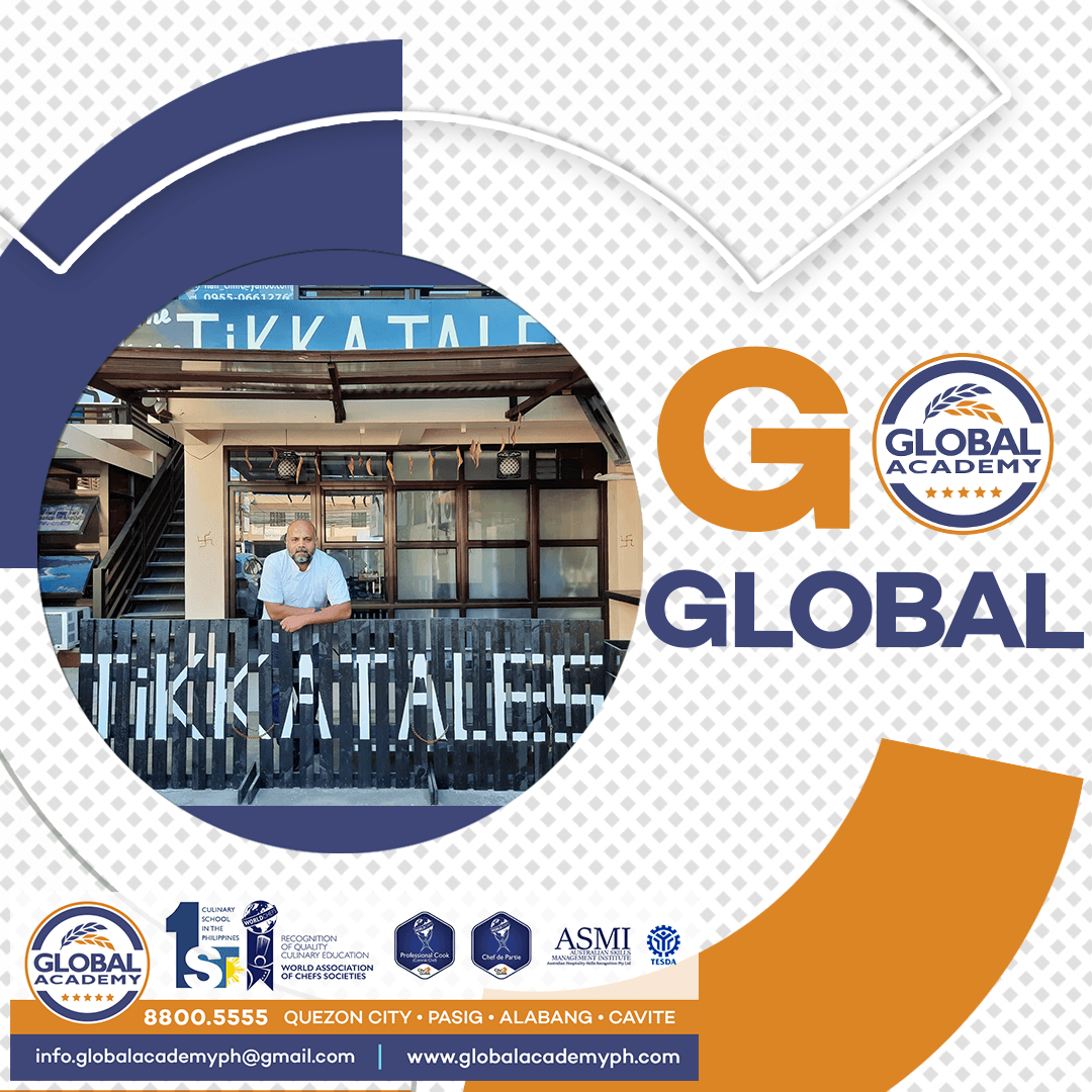 Global logo over storefront photo with circular navy and orange design elements