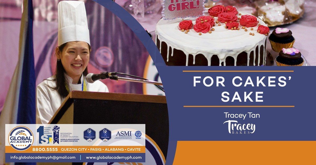 Woman speaking at a podium beside a cake ad reading “For Cake’s Sake”
