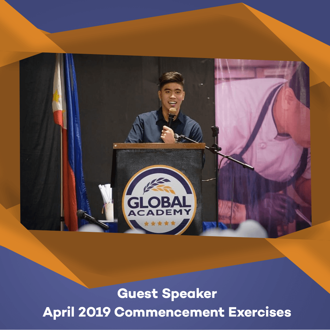 Guest speaker at Global Academy podium during April 2019 commencement exercises