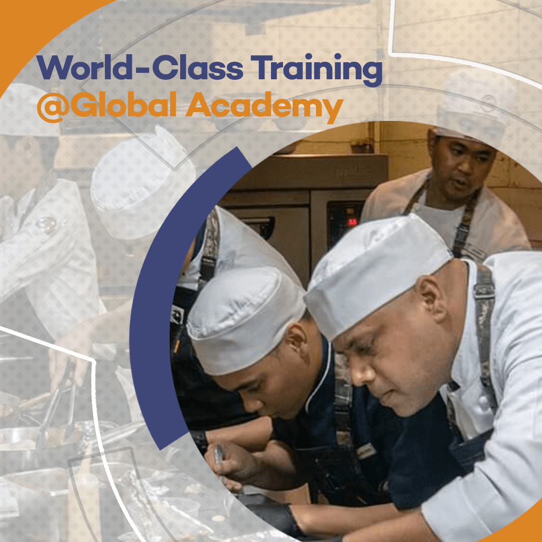 Chefs in white uniforms working together at a training station, with “World-Class Training @Global Academy” text.