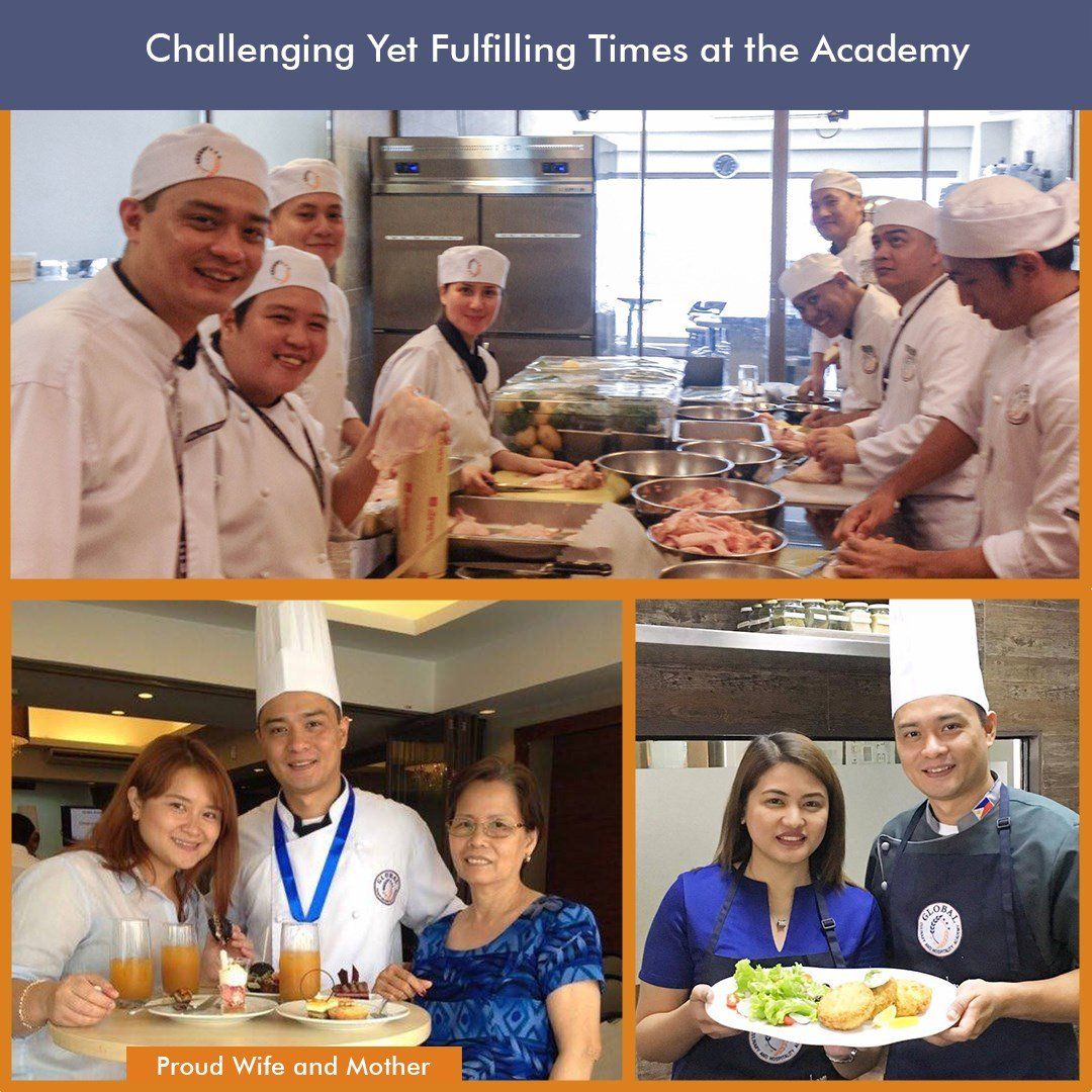 Culinary students in white chef uniforms cooking and posing in an academy kitchen, with proud family photos below