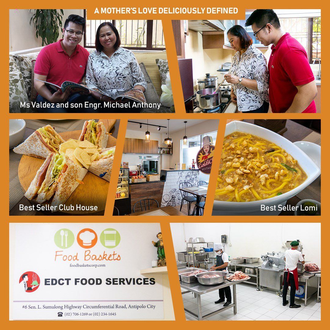 Collage of food service photos showing staff, buffet dishes, dining area, and EDC food services logo
