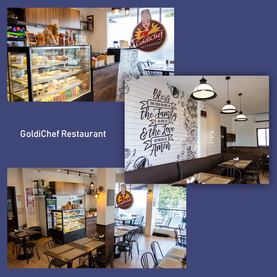GoldiChef Restaurant collage: cozy cafe interior, pastry case, wall art, pendant lights, and outdoor seating