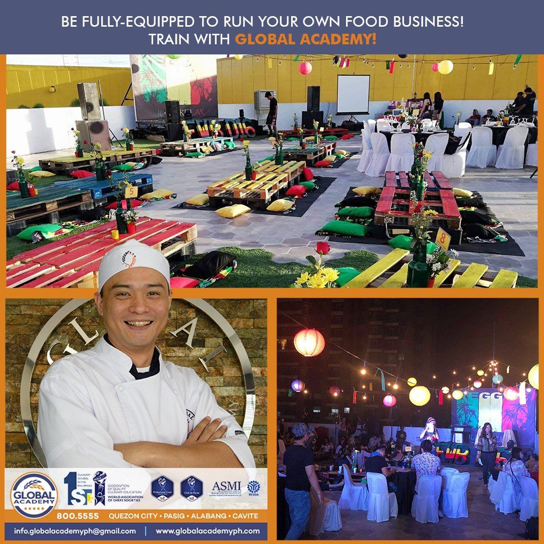 Cooking training collage with chef portrait, classroom food prep, and banquet event scenes