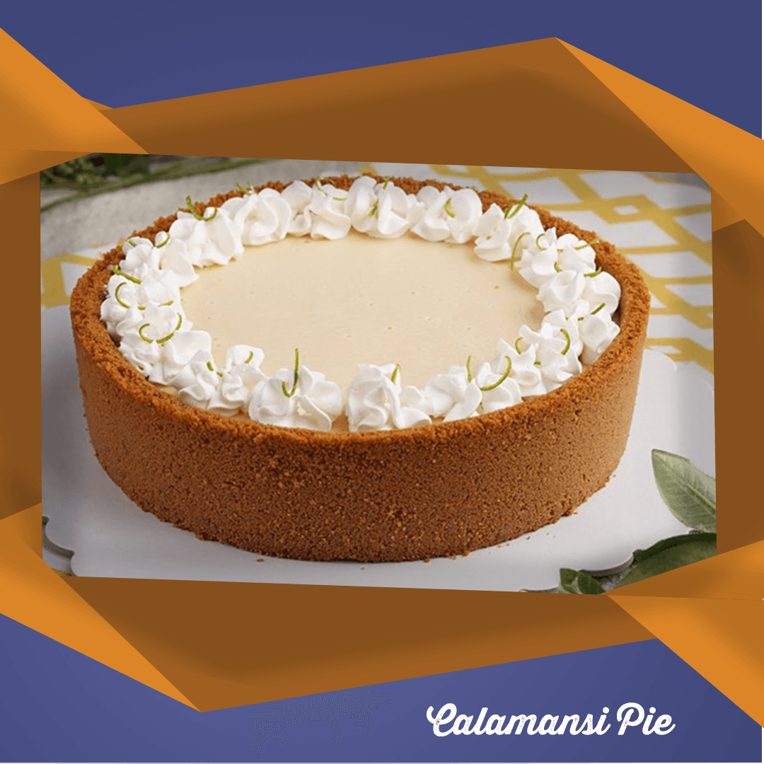 Coconut cream pie with whipped topping on a plate, framed by orange borders and labeled “Calamansi Pie”