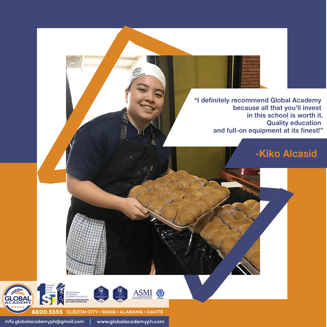 Bakery staff holding trays of pastries beside a promotional quote and the name Kiko Alesid