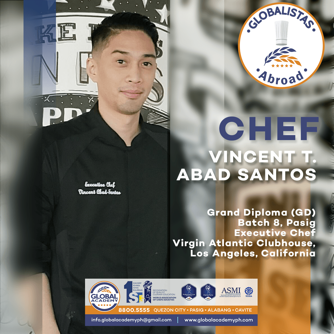 Chef Vincent T. Abad Santos in black chef jacket, beside “Globalists Abroad” logo and credentials text.