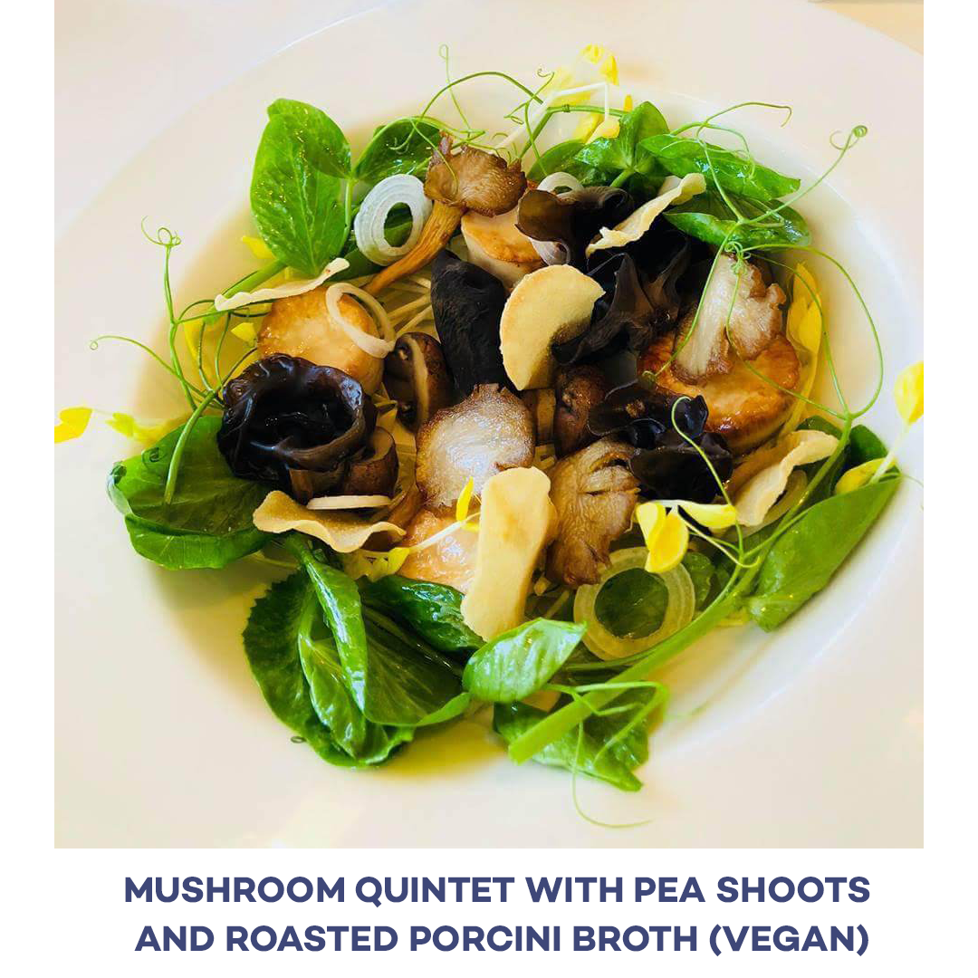 Mushroom dish with pea shoots and roasted shallot purée on a white plate