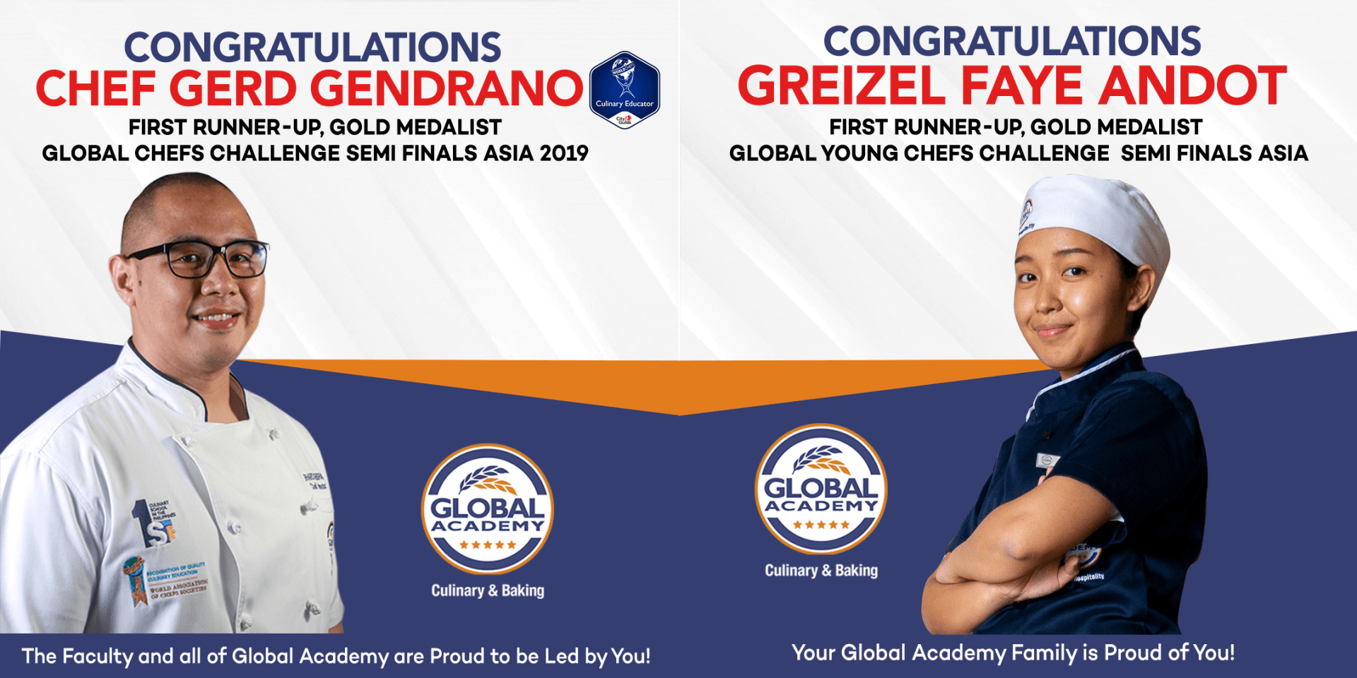 Congressional posters with two uniformed chefs on blue-and-white background, congratulating Chef Gendrano and Chef Faye Anat