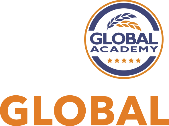Global Academy logo with blue and orange emblem above bold orange “GLOBAL” text