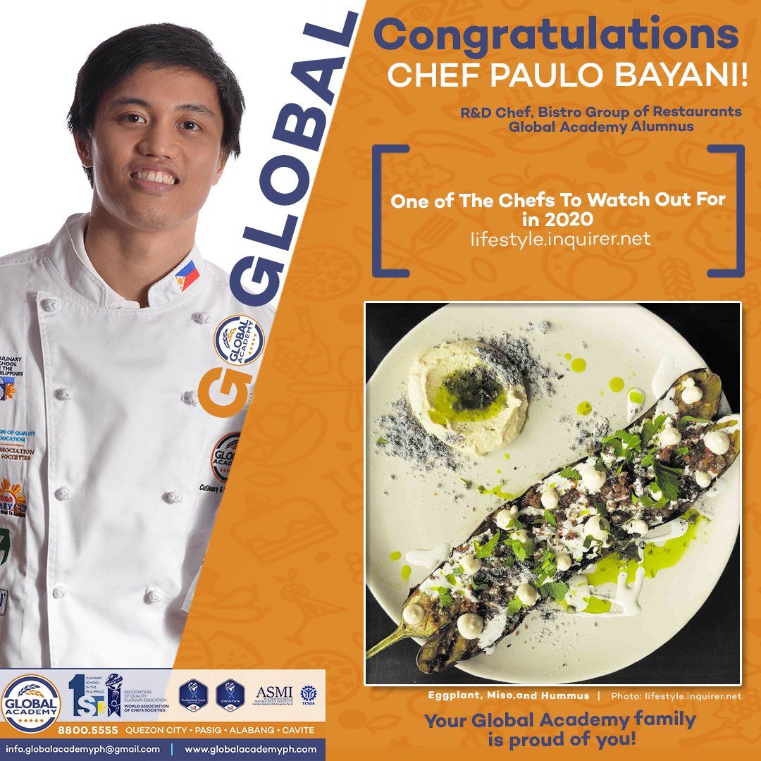 Congratulations poster for Chef Paulo Bayani with portrait, Global Academy branding, and plated gourmet dish.