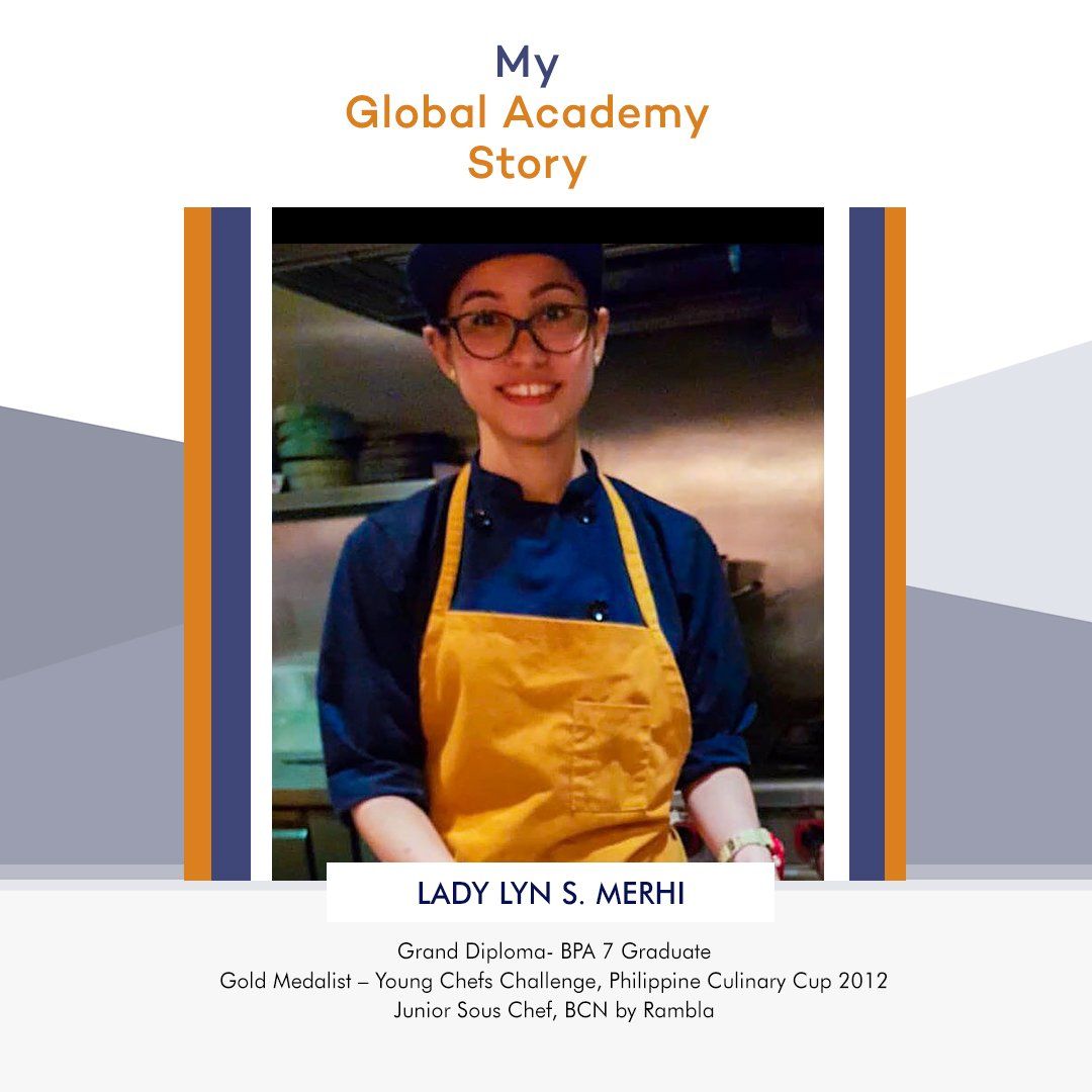 Portrait of a smiling person in blue shirt and yellow apron, titled “My Global Academy Story”