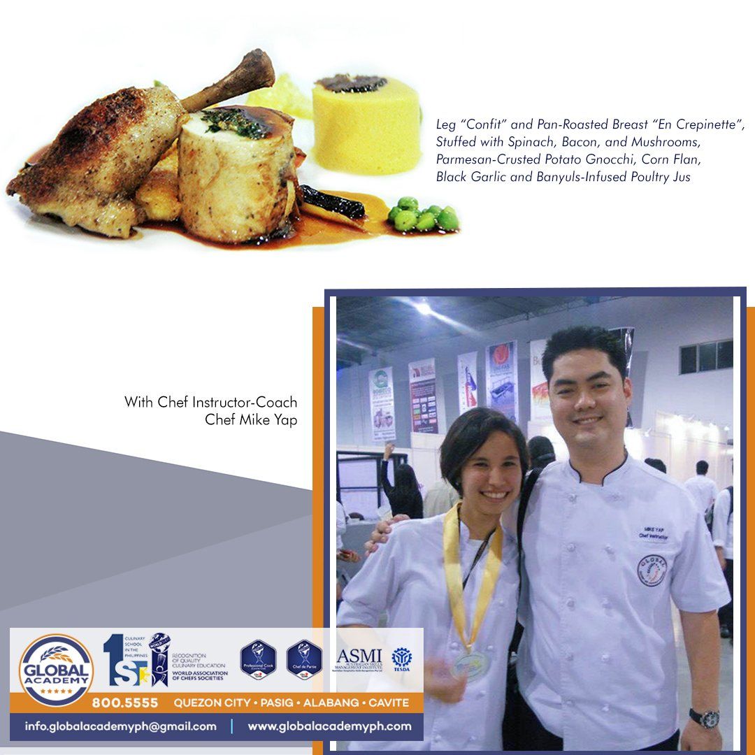 Two chefs posing in a restaurant ad with plated food and promotional text.