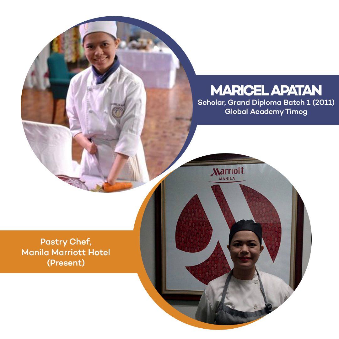 Two circular chef portraits with names and titles on a white, blue, and orange graphic background