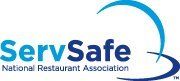 ServSafe logo with blue text and a curved blue swoosh, National Restaurant Association beneath