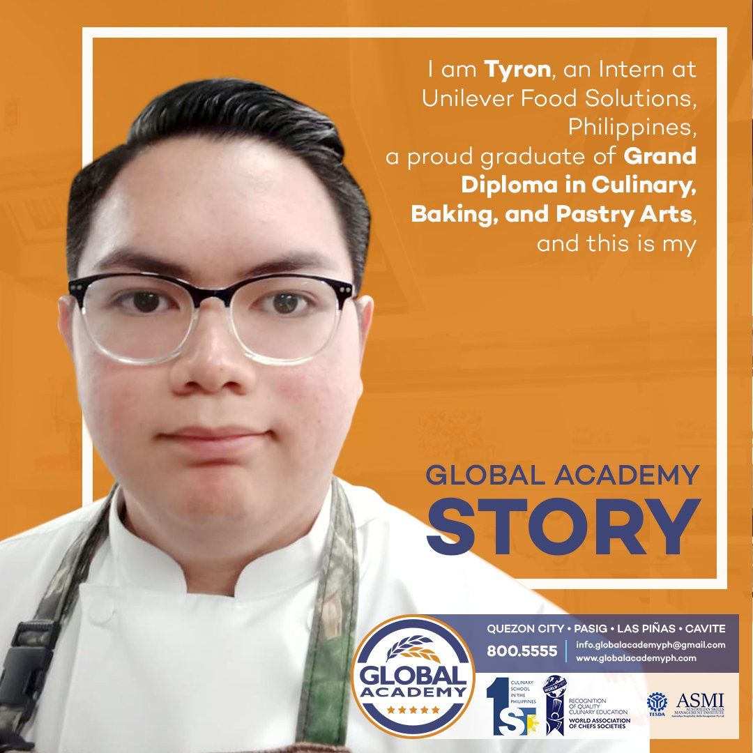 Portrait of a Global Academy student on an orange poster with text and school logos
