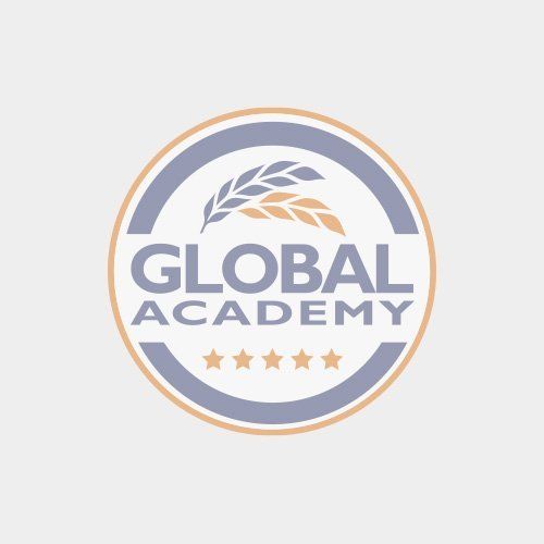 Global Academy logo with laurel wreath, stars, and blue-orange circular design
