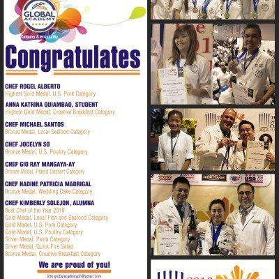 Award-winning chefs collage with a “Congratulations” banner and event photos at the Global School of Bartending.