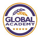 Global Academy logo with purple and orange circular emblem and laurel leaves