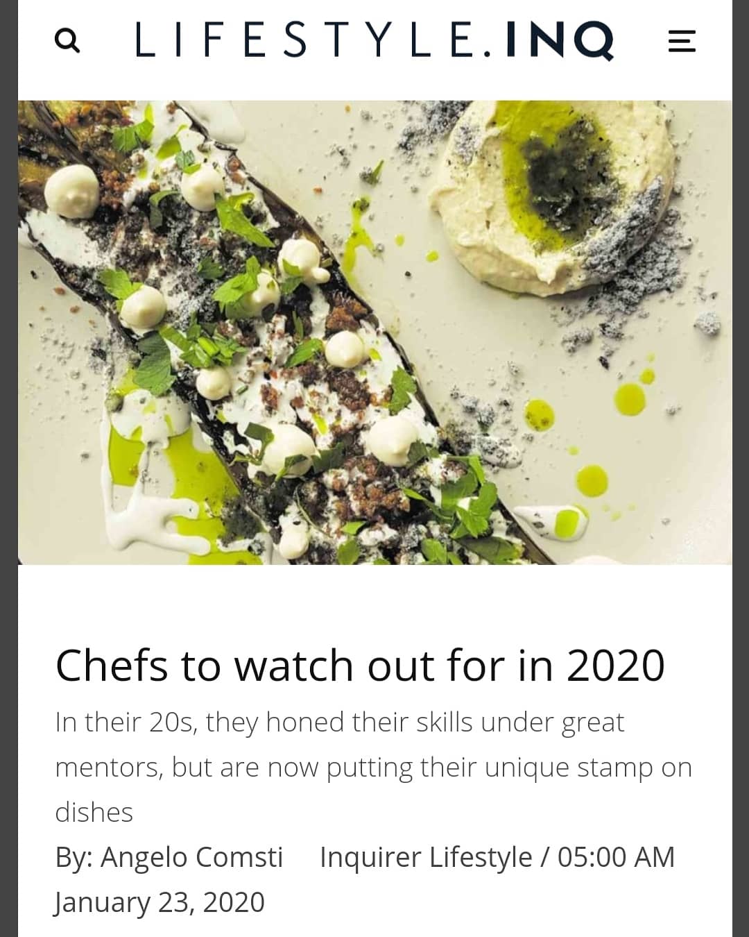 Lifestyle.Inq article page showing a plated green-and-white dish titled “Chefs to watch out for in 2020”