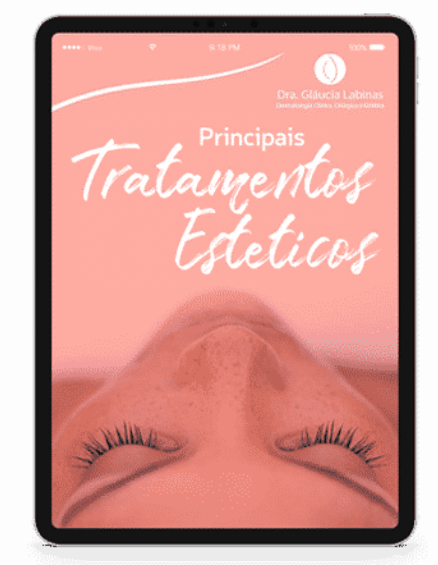 Um tablet com a imagem do rosto de uma mulher e as palavras principais tratamentos estéticos