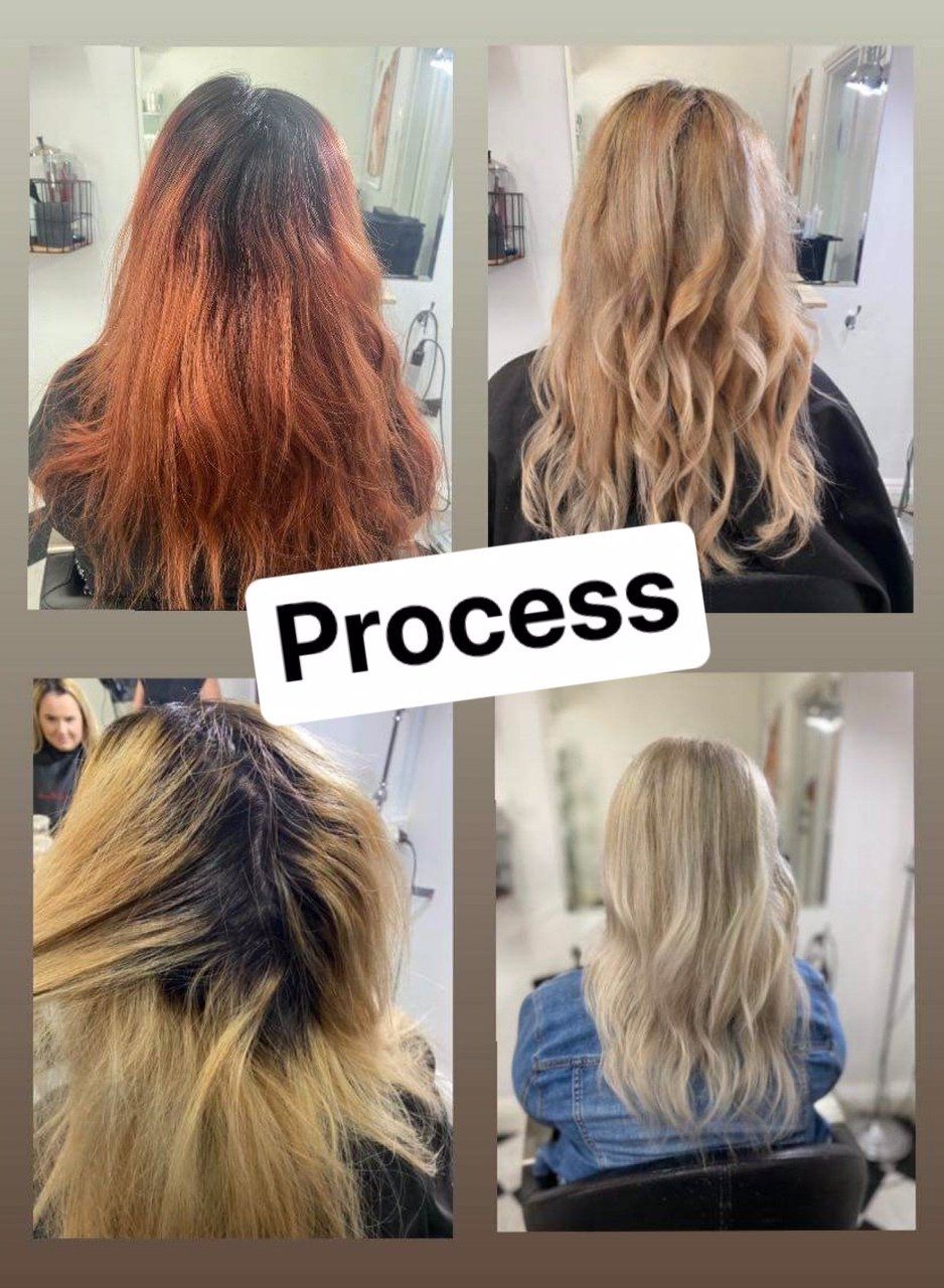 A collage of four pictures of a woman 's hair before and after being dyed.