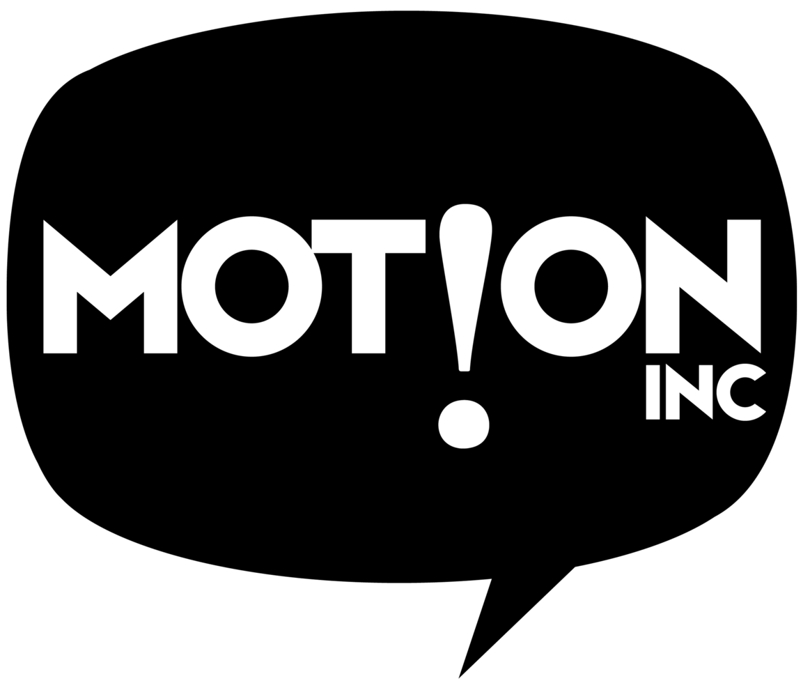 A black and white logo for motion inc