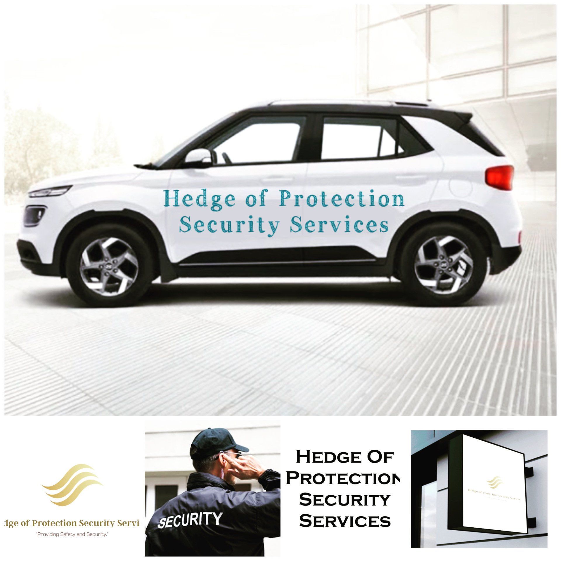 White SUV with “Hedge of Protection Security Services” branding on the side, shown with security service logo and ad banner