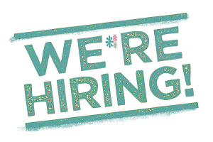 Teal “We’re Hiring!” text on a white background with brush-stroke lines