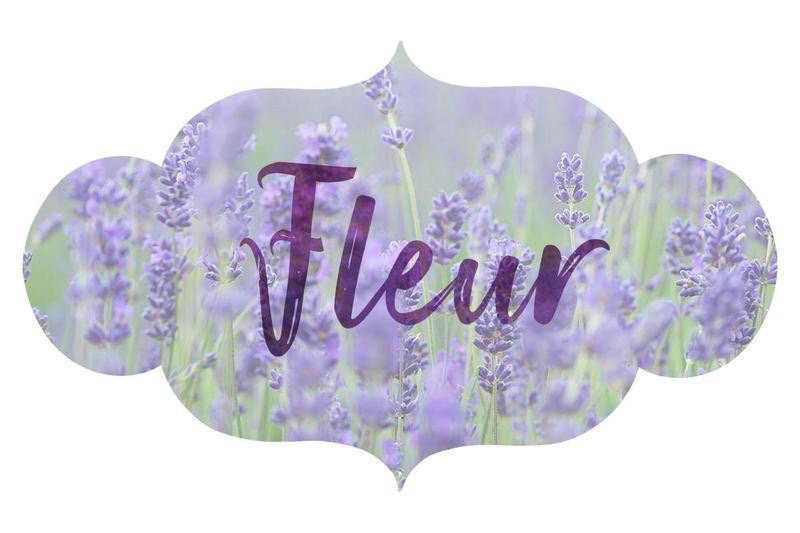 Purple floral label with the word “Fleur” in cursive text