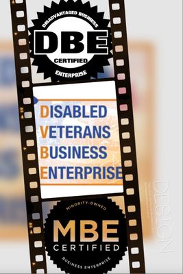 DBE and MBE certification plaques with a Disabled Veterans Business Enterprise sign on a filmstrip display