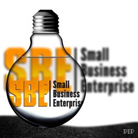 Light bulb with SBE Small Business Enterprise logo in orange and black