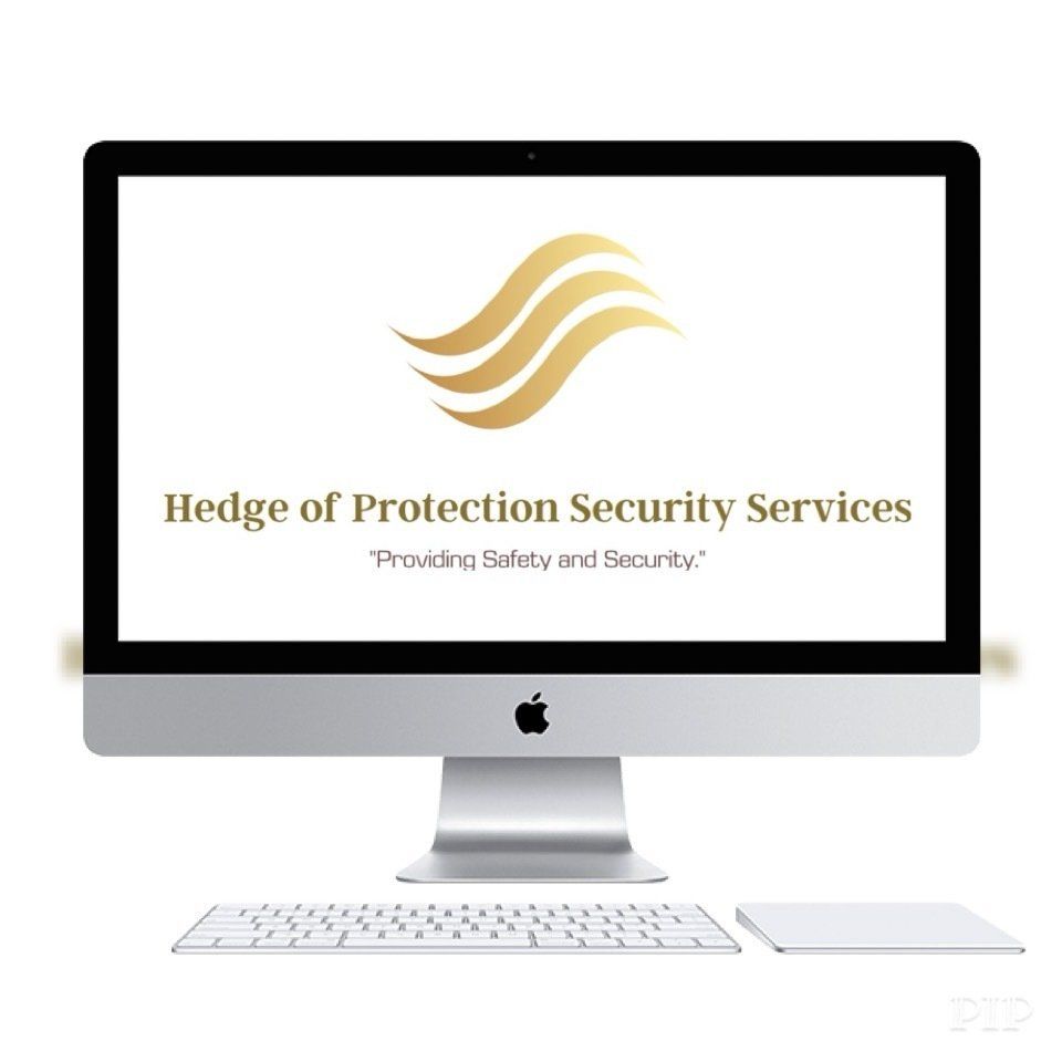 Desktop monitor displaying “Hedge of Protection Security Services” logo and tagline on a white background