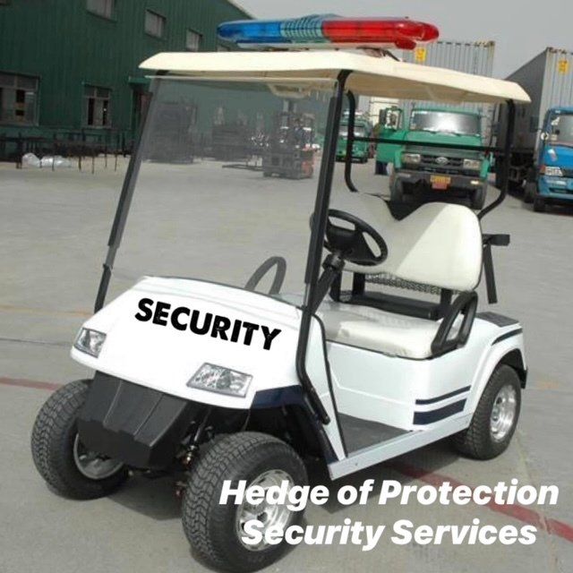 White security golf cart with red and blue light bar, parked outdoors with “Security” and company branding.