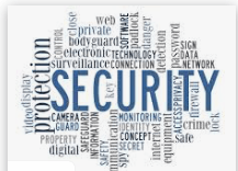 Word cloud with “SECURITY” in blue, surrounded by terms like privacy, protection, and surveillance.