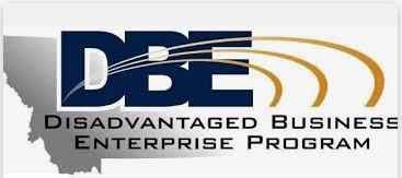 Logo for the Disadvantaged Business Enterprise Program, with blue DBE letters and gold swooshes