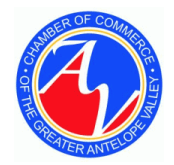 Blue and white Chamber of Commerce logo for the Greater Antelope Valley with a red stylized A
