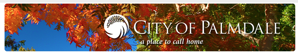 City of Palmdale banner with autumn leaves and the city seal on a blue background